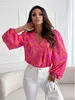 Damesblouses Shirts Bohémien Casual Shirt met lantaarnmouwen Blouse Womne Lente Elengant V-hals Print Shirts Voor Dames 2023 Office Lady Loose Top Femme L230712