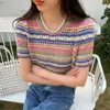 T-shirt femme T-shirt tricoté Top femme Stripe Casual Y2k Ulzzang Mode Littérature Unique Étudiant Été Confortable Rétro Creux Fit 230711