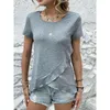 Bluzki damskie 2023 lato z krótkim rękawem Ruffles T-shirt moda kobieta solidne eleganckie koszule z okrągłym dekoltem urząd Lady Casual topy 27059