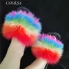 Slippers Summer Ladies Colorful Fox Fur Fluffy Slippers Women's Lovely Plush Real Fox Hair Slides Party Furry Flip Flops Women's Sandals T230712