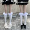 Women Socks Preppy Style Knee High With Feather Trim Student Cotton Stockings