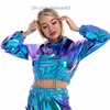 Bluzy damskie Bluzy LJCUiyao Nowy damski Crop Top z długim rękawem Krótki rękaw Błyszczący PU Metalowa bluza z kapturem Sweter Jumper Top Krótki rękaw Zamek błyskawiczny S-XXL Nowy Z230712