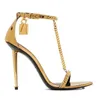 Summer Luxury Gold Chain Link Sandals Shoes Padlock Pointy Naked Women High Heels Lady Lock-and-key Party Wedding Gladiator Sandalias EU35-43