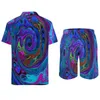 Chándales de hombre Groovy Hippy Print Conjuntos de hombre Conjunto de camisa informal líquida azul y púrpura Pantalones cortos de playa de moda Traje gráfico de verano de dos piezas