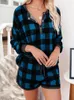 Survêtements pour femmes Shorts pour femmes Ensembles de deux pièces Plaid 2023 Mode Homewear Single Breasted Col en V T-shirts Tops Cordon Lâche Blouses