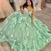 Luksusowe zielone sukienki księżniczki Quinceanera Off ramię świecący 3DFlowers aplikacje kryształowe Vestidos De 15 Anos Prom Party