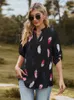 Blusas de mujer Camisas Otoño Blusas con estampado de plumas para mujer 2023 Moda Cuello en V Tres cuartos Elegantes Tops casuales Tallas grandes Trabajo de oficina Camisas de dama L230712