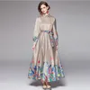 Designer Women Dresses Runway Vintage Floral Print Collar Long Sleeve Button Front Women Ladies Casual Party A-Line Midi Beach Dress