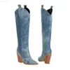 Boots 2023 Fashion Denim Western Women Knee Boots High Boots Wedges High Heel Cowboy Boots Slip on Attrency Winter Woman Shoes Size 34-43 L230712