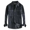 Męskie koszule na co dzień jesień amerykański Retro Heavyweight Denim Cargo haft koszula w paski moda czysta bawełna prane bluzki kurtka
