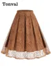 Skirts Tonval Retro Elastic Waist Green Solid Lace Overlay Pleated Skirt For Women 2023 Vintage Style Midi Elegant