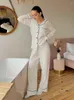 Women's Sleepwear Hiloc White Cotton 2023 Autumn Pocket Long Sleeve Home Suit For Women Sets Single-Breasted Loose Pajamas Set