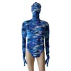 Blue camo color half pack Spandex Bodysuit unisex Ballet Gymnastics tights jumpsuit removable hood gloves