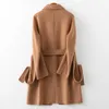 Women's Wool Blends Autumn 100% Wool Coats Women Turn Down Collar Midi Length Coats Women Woolen Coat With Belt Veste Femme Tops Abrigo Mujer HKD230712