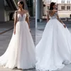 Line Romantic A Dresses Illusion Sleeves Lace Appliques Wedding Dress Button Back Long designer bridal gowns sweep train ppliques