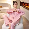 Vêtements de nuit pour femmes Pink Sweet Bow Femmes 2PCS Pyjamas Set Sexy V-Neck Cotton Pyjamas Suit Stripe Lingerie Nightwear Spring Lounge Homewear