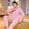 Vêtements de nuit pour femmes Pink Sweet Bow Femmes 2PCS Pyjamas Set Sexy V-Neck Cotton Pyjamas Suit Stripe Lingerie Nightwear Spring Lounge Homewear