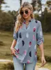 Kadınlar bluz gömlekleri Sonbahar Tüy Baskı Bluzları Kadınlar için 2023 Moda V Boyun Üç Çeyrek Zarif Günlük Üstler Artı Boyut Ofis İş Lady Gömlekleri L230712