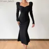 Urban Sexy Dresses WannaThis Knitted Women's Long Sleeve Square Neck Sexy Ruffled Hem Office Women's Elegant Black Fashion Maxi Robe Women's 2021 Z230713