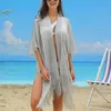 Damblusar Enfärgad Pullover Huvtröja Stickad Ihålig Mesh Beach Cover Up Blow Pool Med