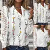 Women's Blouses Shirts Spring Fashion Floral Print Women Shirt and Sexy Asymmetry Collar Button Top Summer Lace Hollow Out Long Sleeve V-Neck Pullover L230712