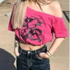 Women's TShirt Skew Collar Women T Shirt Korean Style Crop Top Y2k Print One Shoulder Tshirt Femme American Retro Short Sleeve Tee Clothes 2023 230711