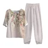 Conjunto de calças femininas de duas peças, blusa feminina de cinco mangas, estampada, cintura alta, terno solto, elegante, estampa floral, camiseta feminina, roupas vintage