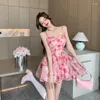 Vestidos Casuais Feminino Doce Estilo Coreano Meninas Florais Alças Espaguete Cintura Alta Elasticidade Verão Mini Vestdios Roupa de Praia Feminina 2023