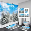 Shower Curtains Trees Snowscape Scenery Christmas Curtain Sets Non-Slip Rugs Toilet Lid Cover And Bath Mat Waterproof Bathroom