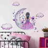 Outros adesivos decorativos Aquarela Princesa na Lua Adesivos de parede para quarto de meninas Flor de borboleta Decalques de parede Decoração de quarto Adesivos de parede de quarto de bebê x0712