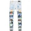 Herrjeans Lyx Herrkläder Denim Broderi Färgglada Läderstjärnor Patchwork Rippade Byxor Tie Dye Hål Distressed Slim Byxor