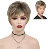 Perruques synthétiques GNIMEGIL pour femmes court mélange blond marron coupe lutin perruque de cheveux avec frange maman Halloween quotidien femme