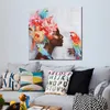 Modern Abstract Canvas Art Closed Eyes Woman and Parrot Handmade Oil Painting Contemporary Wall Decor