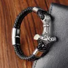 Pulseira de Couro Genuíno da Moda Masculina Clássica Botão Magnético Pulseiras de Aço Inoxidável Corda Envolto Charme para Pulseiras Masculinas L230704