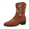 Boots Western Cowboy Sewn Flower Winter Ankle Boots 2023 Vintage Flower Embroidery Vintage Cowboy Girl Shoes L230712