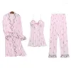 Roupa de dormir feminina 3 pçs conjunto de pijama de algodão de renda sexy para mulheres 2023 outono coreano robes de manga comprida roupa de casa pijama mujer roupas