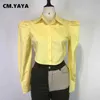 Women's Blouses Shirts CM.YAYA Women Fashion Puff Long Sleeve Turn-down Collar Side Split Irregular Classic Blouse and Shirt Top 2023 New White Black L230712