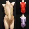 Işıltılı altın rhinestones püskül bodysuit kadın şarkıcı dj seksi holografik tekerleği caz beyonce kostüm kristalleri kıyafeti dl1012263u