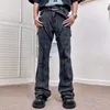Jeans da uomo vintage nero lavato con nappe a righe larghi pantaloni Y2K High Street dritto pantaloni in denim oversize larghi tinta unita