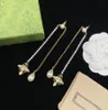 Retro designer earring diamond long chain pearl bee dangle classic earrings stud women wedding party jewelry high quality