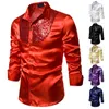 Men's Dress Shirts Gold Sequin Satin For Men Party Nightclub Disco Dance Stage Prom Formal Slim Fit Silk-Like Chemise