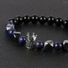 Strand Fashion Men Natural Map Stone Lapis Lazuli Beads Elastic Bracelet Brass Crown Micro Zircon Charme Masculino Pulseiras Jóias Presente