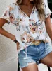 Blusas Femininas de Verão Elegante Blusa Decote em V Floral com Babados Ajuste Solto Manga Curta Camisas Casuais Escritório Bonito Trabalho