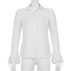 Women's Y2K Button Down Shirt Blouses See Through Flare Sleeve Crop Top Vintage E-Girl Streetwear Women White Shirt