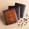 Portfel męski ze skóry naturalnej Rfid blokujący potrójnie składany portfel Vintage cienki krótki wielofunkcyjny uchwyt na dowód męski portfel pieniądze L230704