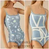Damenbadebekleidung 2023 Sexy Frauen Einteiliger Badeanzug Weiblicher fester Badeanzug Muster Gürtel Badeanzüge Mode Seeblau