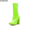 Boots AIYKAZYSDL Spring Autumn Women Boots Rose Neon Green Shoes Vinyl Glossy Patent Leather Boots Thick Block High Heels Dress Shoes L230712