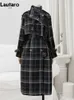 Trench-coat en laine mélangée pour femmes Lautaro Automne Hiver Long Loose Warm Plaid Wool Blends pour femmes Manches raglan Ceinture Manteau en laine à double boutonnage HKD230712