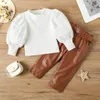 Clothing Sets Elegant Fashion Kids Girls Clothes Set Puff Sleeve Ribbed Blouse T Shirt Tops PU Leather Long Pants With Belt 2PCS Girls Suit 230711