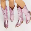 Stiefel Cowboystiefel Damen Metallic Pink Mittelhohe Stiefel Reißverschluss Spitzschuh Western Booties Stickerei Chunky Heels Schuhe T230712